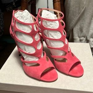 JIMMY CHOO REN 100 CUT OUT PINK SUEDE HIGH HEEL SANDALS